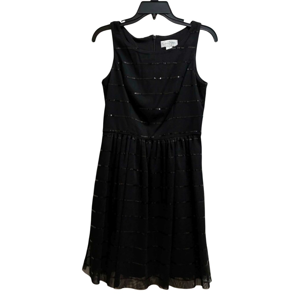 Jessica Simpson Sequin Mesh Dress Womens 4 Black Fit Flare Party Cocktail